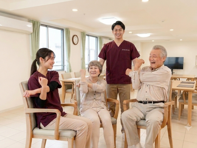 明るい食堂で体操する様子 食堂   窓から光が入る食堂で、スタッフと利用者の方が一緒に体操をしています。椅子に座ったまま取り組める様子が伝わります。