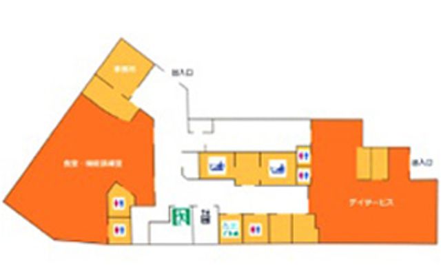 施設のフロアマップ フロント 施設内の全体的なレイアウトが一目で分かる案内図です。施設内を効率よく移動できる情報が載っています。