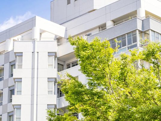 建物外観と緑の木々  