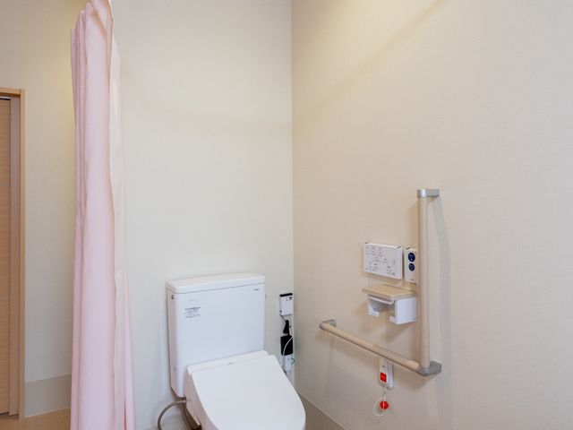 安全性の高いトイレ トイレ 広々としたトイレには手すりが設置されており、安全に利用できます。カーテンはプライバシーを保つ工夫です。