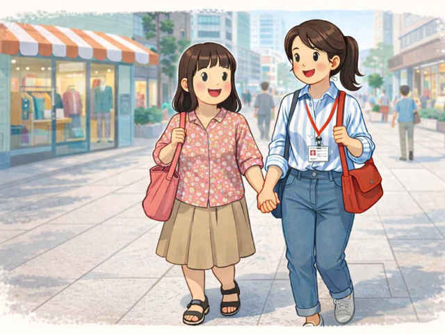 ショッピングの様子 スタッフイメージ 施設利用者とスタッフの親しげな様子を示しており、安心感のあるコミュニケーションが伺えます。