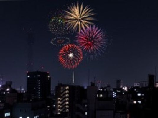 都市の夜景と花火
