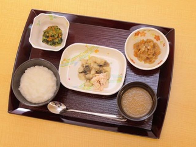 健康的な食事の盛り付け 料理 見た目にも美しい、栄養バランスを考えた食事です。施設での食生活への配慮がうかがえます。
