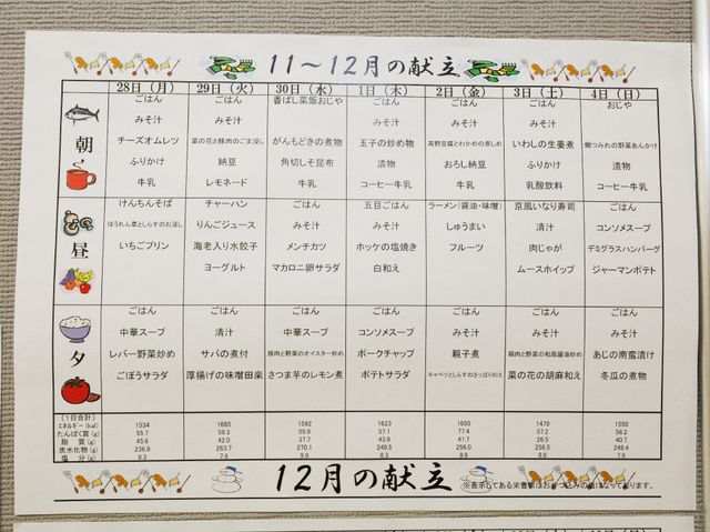 活動予定表の掲示物 献立表 毎日の活動が豊富で、利用者の方の健康と楽しみを大切にした環境です。
