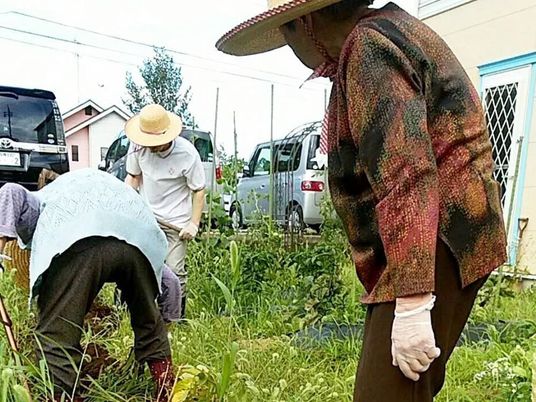 庭で活動する人々