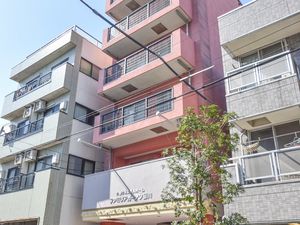 ピンクの建物エントランス