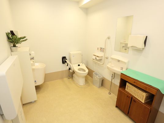 トイレは広い空間に置かれている。便器に座ると壁側にはナースコールがあり、右手側にはひじ掛けとなる手すりが付いている。
