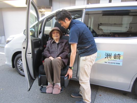介助者がお年寄りを乗せる車