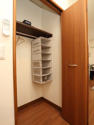 木製の扉と収納棚