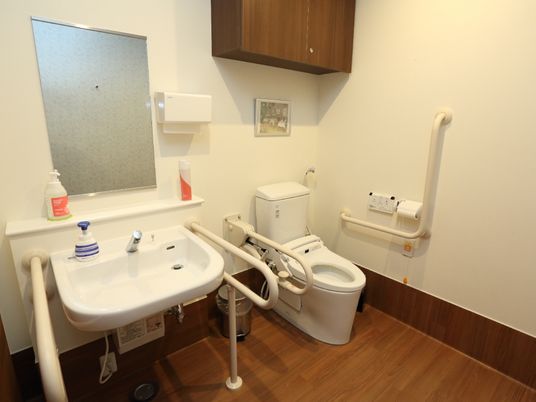 洗面台と便器の両方が同じトイレ内に設置されており、それぞれに手すりが取り付けられている。温水便座や呼び出しボタンなども用意されている。