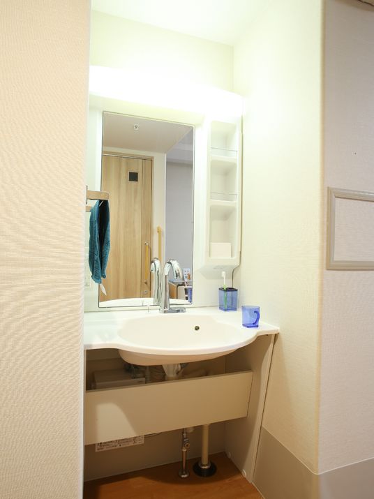 大きな鏡のついた洗面台があり、棚がついているので、小物をおくことができる。タオル掛けもあるので、朝の身支度などのときに便利である。