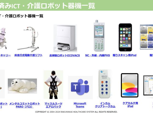 ケア機器一覧 掲示物 最新の介護ロボットやICT機器が一覧で示されており、最新技術の導入を知ることができます。