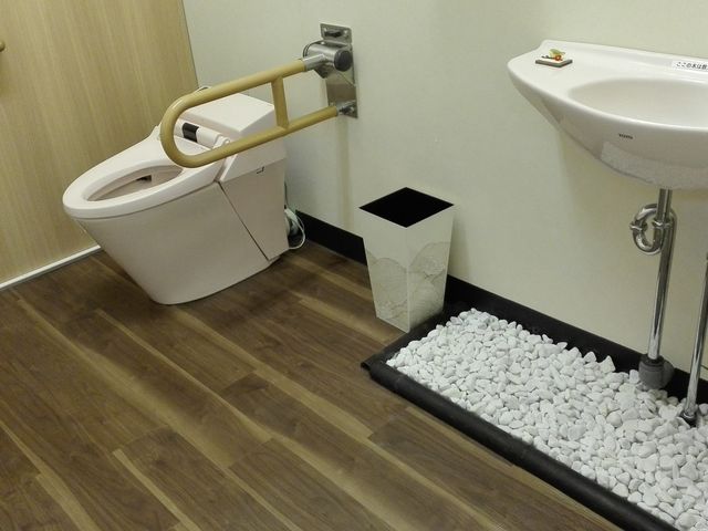 機能的なトイレ トイレ 手すり付きで安全に配慮されたトイレです。木目調の床が落ち着いた雰囲気を演出します。