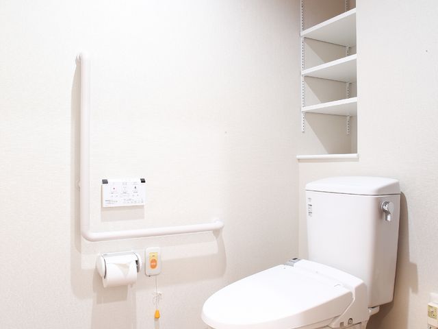 バリアフリートイレ設備 トイレ 安全と快適さを考慮した、手すり付きの明るいトイレ空間です。利用する方の自立支援にも配慮されています。