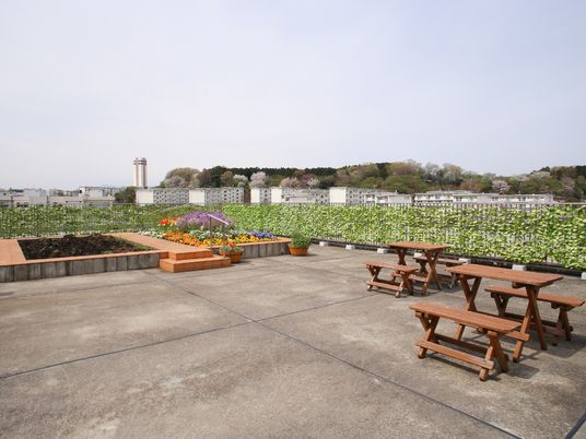 屋上のベンチと花壇