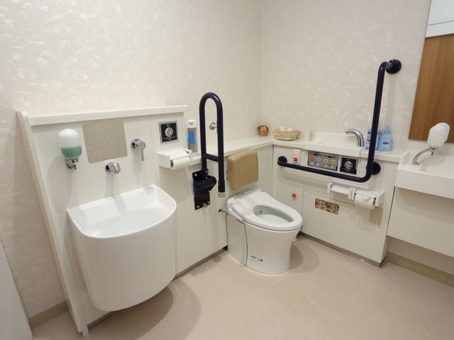 バリアフリー対応の洗面台 トイレ 手すり付きで安全性を考慮した清潔感のあるトイレです。快適にご使用いただける環境が整っています。