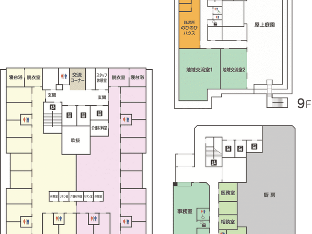 居室の配置図 居室 個々のスペースが確保された居室の配置を示した設計図です。プライバシーを大切にし、快適な生活を送るための配慮が見て取れます。