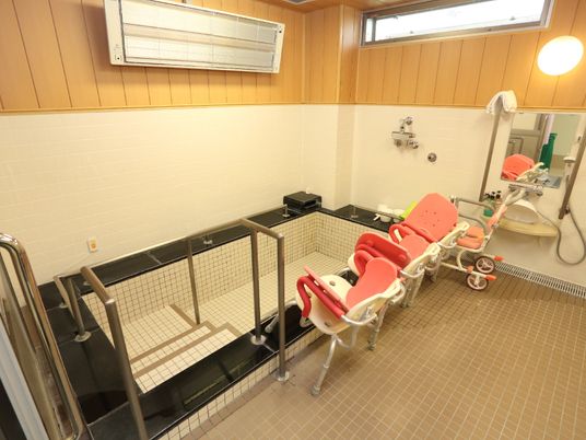 浴槽の出入りがしやすいよう、手すりと階段を設けている。また、お風呂用の車いすやシャワー椅子も置かれている。