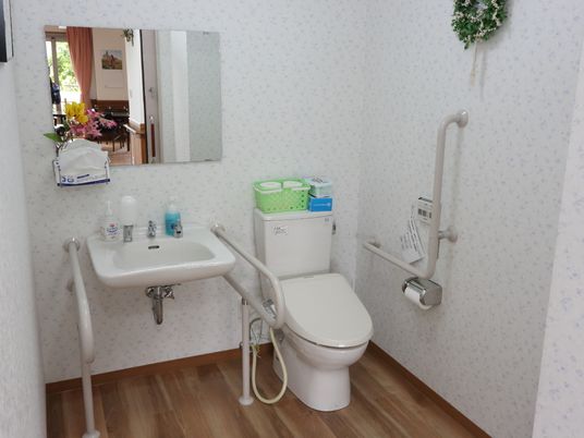 施設のトイレは白壁にフローリング。ウォシュレットの水洗トイレと洗面台が並んで設置されている。壁には手すりと鏡があり備品も置かれている。