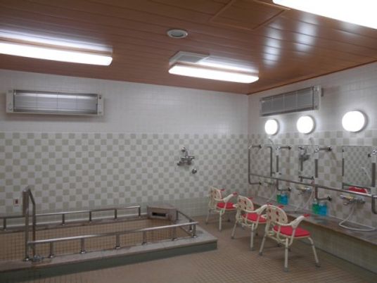 浴室はタイル張りになっており、浴槽の周りには手すりが設置されている。壁にはシャワー設備が設けられ、専用の椅子が置かれている。