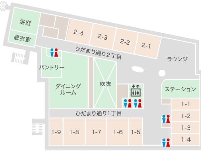 多機能室の配置図 内観 ゆったりとした共有スペースを備え、利用者の方々の社交の場として最適な環境が整っています。