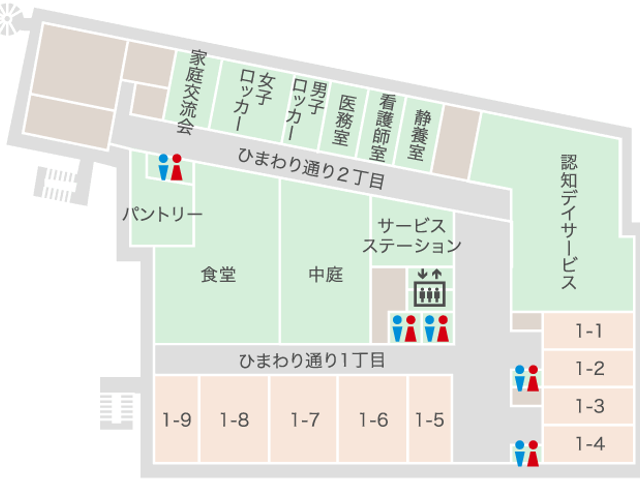 ゆったり過ごせる中庭 中庭 緑に囲まれたゆったりとした中庭の様子です。複数の方がくつろぎながら交流を楽しんでいます。