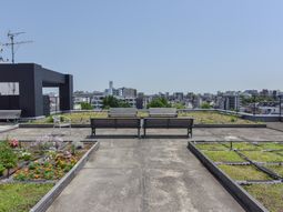 都市の景色が望める屋上庭園