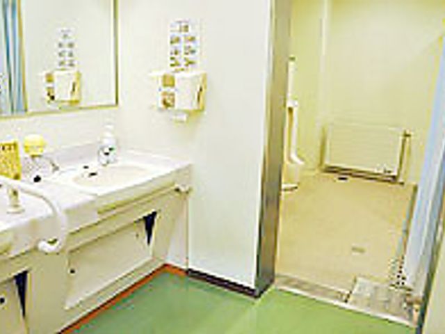 清潔な手洗い場 洗面台 明るい照明が特徴の洗面台です。手すりが設置されており、利用者の安全にも配慮しています。