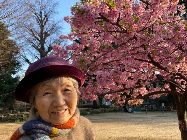 笑顔のおばあさんと桜 サービス ほほ笑むおばあさんが春の陽気を楽しむ姿に心が和みます。桜の花が彩りを添える憩いの場所です。