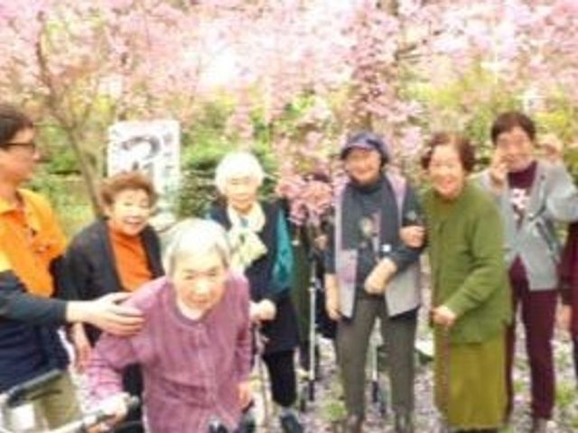 春の花見を楽しむ人々 入居者様 屋外の緑豊かなエリアで、訪れた方々が満開の桜を背に笑顔で団らんしています。自然に囲まれた空間で、心豊かな時間を過ごせる場です。