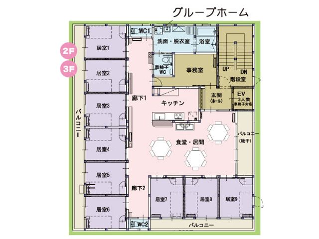 施設2階の見取り図 内観 各部屋と共用スペースが分かりやすく配置されています。リラックスできそうなバルコニーも完備。