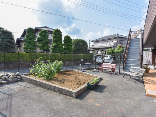 中庭にあるベンチと植物