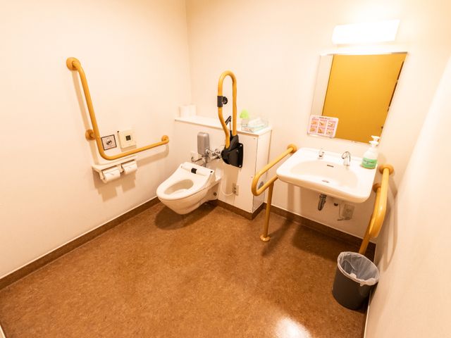 バリアフリーのトイレ トイレ 手すり付きで安全の配慮された清潔なトイレです。明るく使いやすい設計です。
