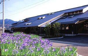 紫の花に囲まれた外観