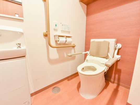 木目調の壁と白の壁紙の清潔感のあるトイレになっている。要所には手摺が設けられ、便器には補強された背もたれもある。