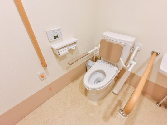 トイレの壁には、丈夫な手すりが取り付けられている。左下には、オレンジ色の緊急時用コールボタンもあり安心である。