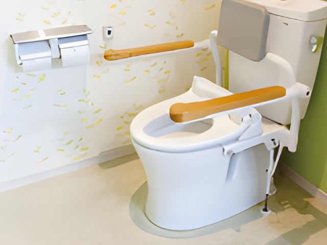 安全な設備のトイレ トイレ 手すりが設置されたトイレは、高齢者でも安心して利用できる設計です。