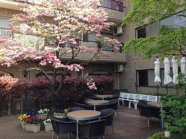 花が咲く明るい中庭 中庭 四季折々の花が彩る、潤いのある憩いの空間です。白いイスが並ぶテラスで、心地よい時間を過ごせます。