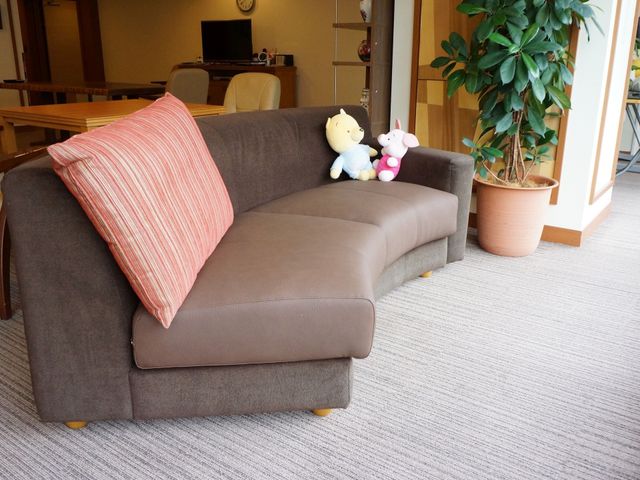 居心地の良いリビング ソファー ソファにぬいぐるみが置かれ、くつろぎの一時を約束する暖かみのあるスペースです。足元には広々とした清潔なカーペットが敷かれています。