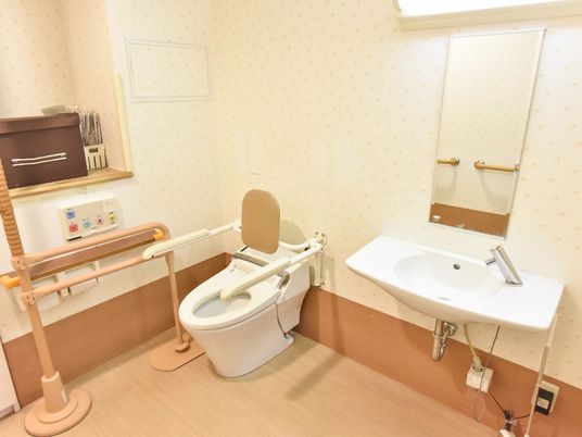 トイレ、洗面台共に利用者が使いやすいように高さが考慮されており、ウォシュレットや介助用具、手すりが付いている。