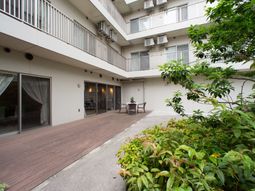 中庭の植物とベンチ