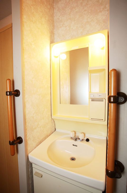 洗面台には歯ブラシを収納することができるスペースがある。扉付きになっているため、シンプルに見せることができる。