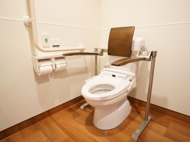 バリアフリートイレ設備 トイレ 安全と利便性を兼ね備えたトイレです。手すりや背もたれが設置されており、安心してご利用いただけます。
