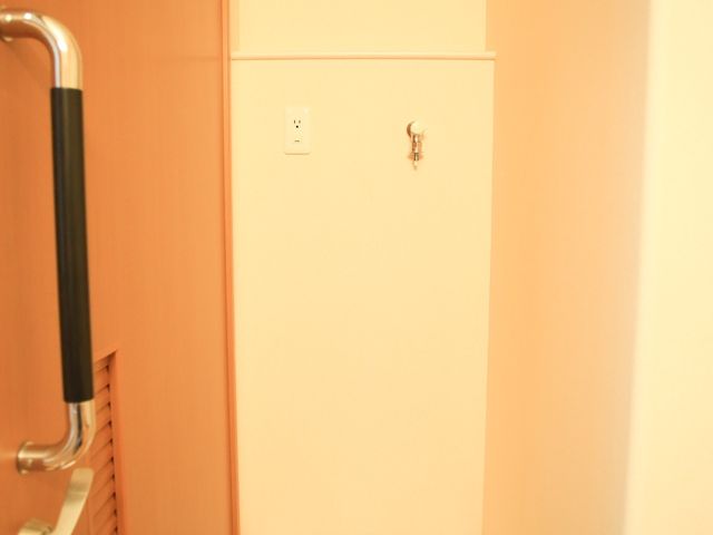洗面台のある居室 洗濯スペース シンプルで清潔感のある洗面台が備わっており、日々の身だしなみに便利です。手すりも設置されていて、安全性に配慮された設計です。