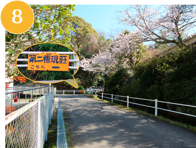 桜並木の通路外観 外観   桜が咲く道沿いに、白い手すりとフェンスが続いています。案内板も見え、落ち着いた雰囲気です。