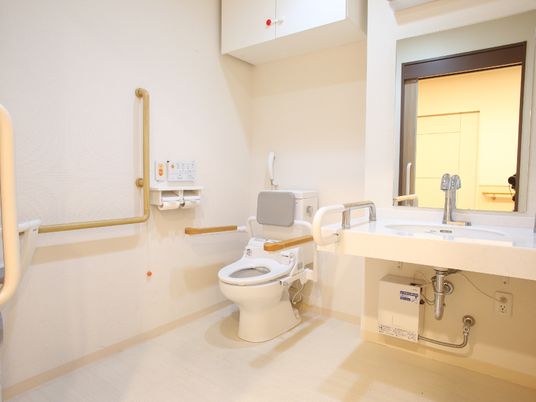 車椅子で入れる広いトイレ。トイレ内各所はもちろん、便器の両脇にも手すりがある。緊急呼び出しボタンが付いている。