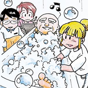 入浴を楽しむお年寄りとスタッフ