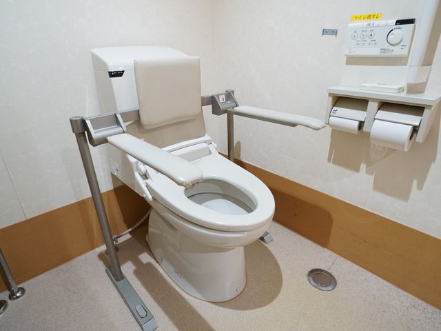 手すり付きトイレ トイレ 安全に配慮された設計のトイレは、手すりがついており、ご高齢の方も安心してご使用いただけます。最新の設備が整っており、快適な生活空間を提供しています。