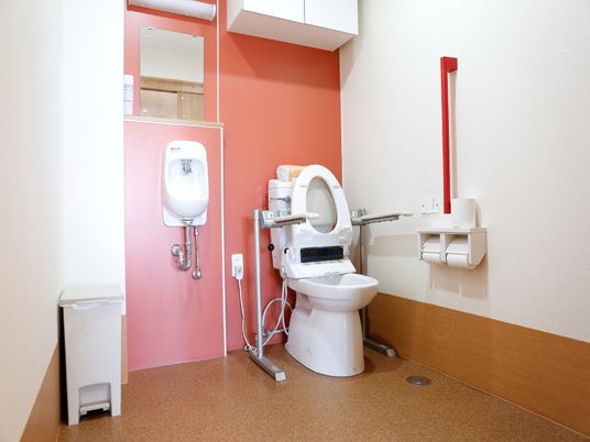 トイレは車いすでも利用可能な広々とした空間となっている。便器には、ひじ掛けが付いている。また座った左手側に手すりが付いている。