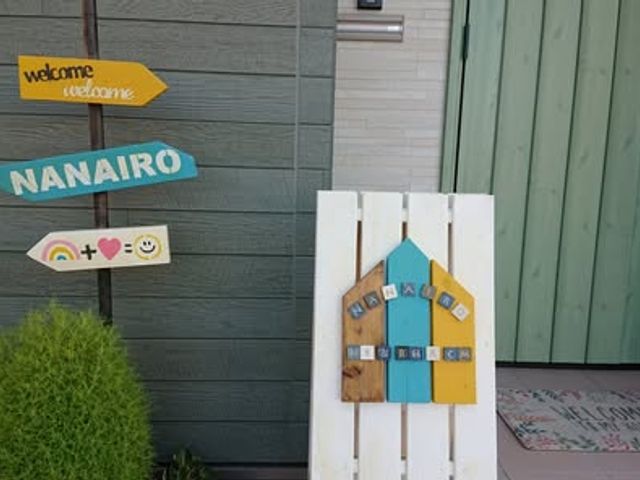 暖かい雰囲気の看板 看板 ウェルカムサインが飾られた入り口です。訪れる人を優しく迎えるデザインが特徴です。